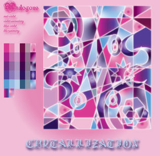 Student-designed geometric abstract vector composition outlined in white using a vibrant palette of pinks, violets and blues with custom tints, tones, shades, and gradients. The word “Crystalization” communicates the mood inspired by the colors.