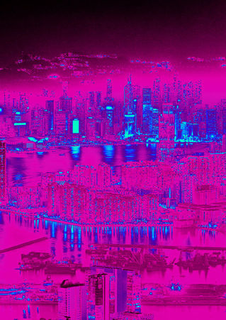 Vibrant fuchsia and aqua cityscape transformed with Photoshop Gradient Maps to explore color and mood.