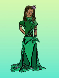 A student-designed original fantasy character named Elena May, from concept to story to completion, illustrated using Adobe Photoshop and Wacom tablet. Finished version with creative background.