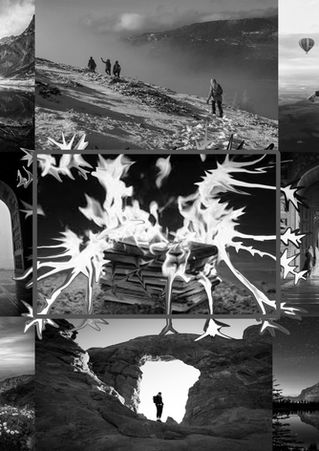 Student-created surreal digital composition inspired by Salvador Dalí and using Photoshop compositing techniques featuring black and white images of mosques and mountains.