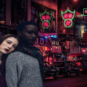 Blended composition using two photographs to look like they were taken together based on a vacation theme.