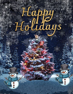 Student-designed holiday card featuring a glowing, snow-covered Christmas tree between two snowmen in a dark blue winter forest filled with falling snow and layered snowflakes. Gold script reads, “Happy Holidays.”