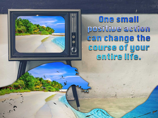 Student Photoshop composition featuring custom clipping masks, layered imagery, and beach on television themed visual design.