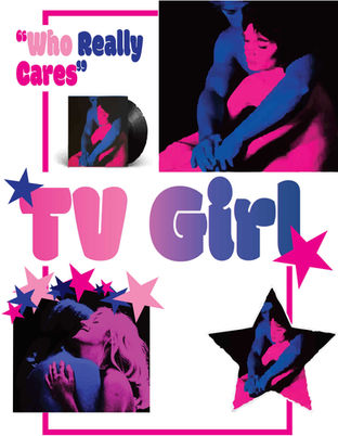 Student-designed tote bag graphic featuring stylized pink-and-blue portraits, layered stars, geometric borders, and bold typography reading, “Who Really Cares” and “TV Girl.”