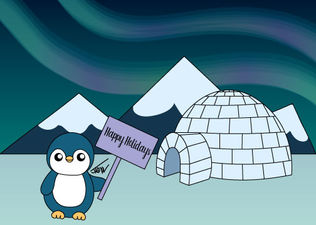 Student-designed holiday card featuring penguin and igloo against a teal blue backdrop of snowy mountains, complemented by seasonal typography. Created in Adobe Illustrator for a countywide contest.