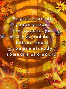 Student-designed motivational poster featuring warm orange-and-gold spirals surrounded by suns, stars, flowers, butterflies, and decorative celestial imagery. White text reads, “Regret is proof you’ve grown. The fact that you wish you had done better means you are already someone who would.”