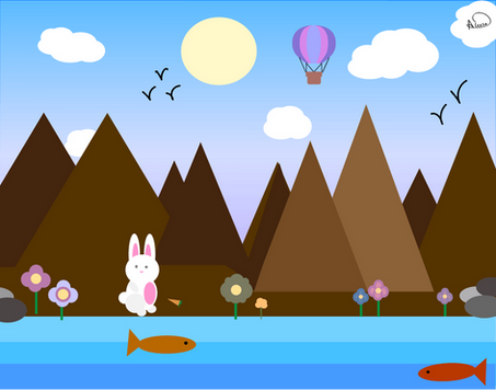 Student-designed landscape featuring a rabbit beside a river, layered brown mountains, flowers, birds, clouds, fish, and a hot-air balloon, created in Adobe Illustrator.