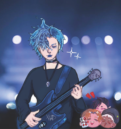 Original student-designed Adobe Photoshop illustration for a splash screen of a musical rock performance. The artwork depicts a musician with messy blue hair, a black choker, dark makeup, and a skull necklace playing a dark blue bass guitar on a dimly lit concert stage with bright background lights. In the bottom right corner, three small, colorful cartoon chibi-style fan faces are cheering.