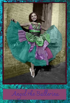 Student-restored vintage ballerina portrait featuring repaired damage, realistic colorization, and professional Photoshop photo restoration techniques with teal and magenta border.