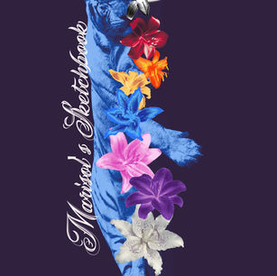 Mixed media digital sketchbook cover of sleeping tiger with lilies blending photographs, typography, textures, and creative effects.