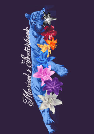Mixed media digital sketchbook cover of sleeping tiger with lilies blending photographs, typography, textures, and creative effects.