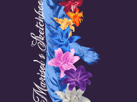 Mixed media digital sketchbook cover of sleeping tiger with lilies blending photographs, typography, textures, and creative effects.