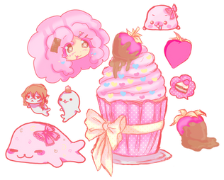 Student-designed Photoshop illustration for a T-shirt featuring a pastel pink cupcake topped with ice cream and chocolate-covered strawberries, surrounded by cute dessert characters, hearts, and bows.