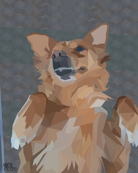 Student-designed low-poly portrait of a golden-brown dog gazing upward, constructed from layered geometric shapes in warm shades of tan, cream, and brown. The lifted pose and softly textured gray background give the portrait a loyal, hopeful, and dignified presence. Created in Adobe Illustrator.