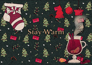 Student-designed holiday card featuring illustrations of candy cane stocking and warm apple cider with cinnamon sticks against a wrapping paper patterned background of trees and candy canes, complemented by seasonal typography. Created in Adobe Photoshop for a countywide contest.