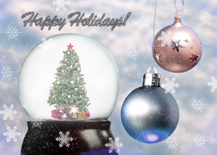 Student-designed holiday greeting card created using advanced composition of ornaments, snow globe with Christmas tree inside and snow flake background, complemented with festive typography. Created in Adobe Photoshop for a countywide contest.