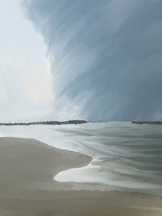 Student-created digital landscape painting completed in Adobe Photoshop using a Wacom tablet, custom brushes, layers, and digital painting techniques.