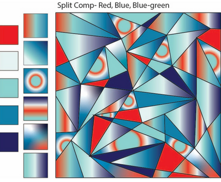 Student-designed geometric abstract vector composition outlined in black using a vibrant palette of red-orange and blue-green with custom tints, tones, shades, and gradients. The word "Split Complementary" communicates the color scheme.