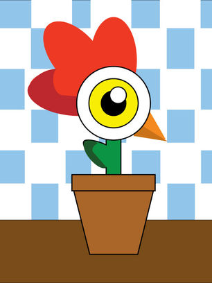 Student-designed chicken monster in a pot with a blue and white checkered background assembled from simple geometric shapes.
