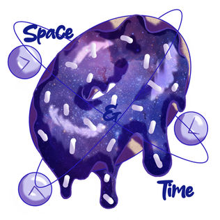Student-designed T-shirt graphic featuring a melting purple-frosted doughnut filled with a starry galaxy pattern and white sprinkles. Orbiting clock symbols and the words “Space & Time” surround the design.