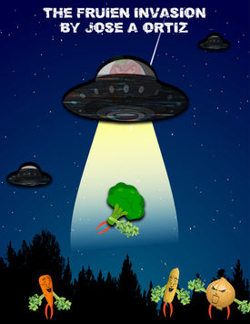Student-designed storybook cover featuring original fruit and vegetable characters, creative digital compositing, and custom typography created in Adobe Photoshop.