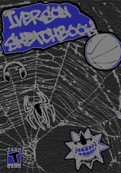 Black, gray, and blue mixed-media sketchbook cover featuring a basketball, headphones, spider symbol, grinning sun, textured scribbles, and graffiti-style lettering.