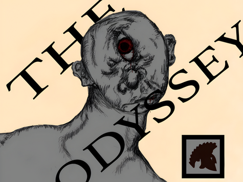 Book-cover style illustration inspired by Greek mythology. It features a detailed, dark sketch of a Cyclops with a single large, bloodshot eye in the center of its forehead. The bold text "THE ODYSSEY" curves across the light background, and a small square icon of a spartan helmet sits in the bottom right corner.