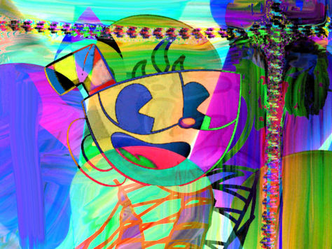 Student-created abstract character artwork designed in Adobe Photoshop for a custom sublimation tumbler.