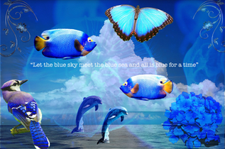 Imaginative collage featuring blue fish, butterflies, water, flowers and other thematic images.