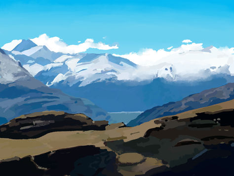 Student-created digital landscape painting of snow-covered blue mountains with softly blended icy peaks, dark rocky hills, and open sky completed in Adobe Photoshop using a Wacom tablet, custom brushes, layers, and painting techniques.
