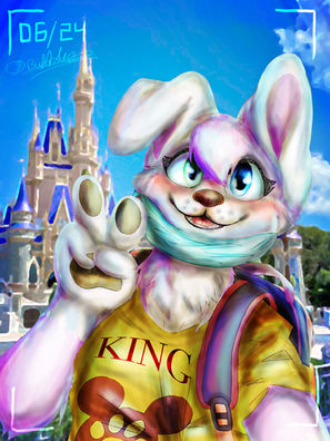 Student-created original artwork showcasing independent creativity, digital illustration techniques, and personal artistic expression in Adobe Photoshop, depicting a highly detailed anthropomorphic white rabbit character wearing a yellow shirt and standing in front of a blue fantasy castle under a bright sky.