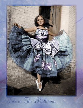 Student-restored vintage ballerina portrait featuring repaired damage, realistic colorization, and professional Photoshop photo restoration techniques with soft blue and purple gradient border.
