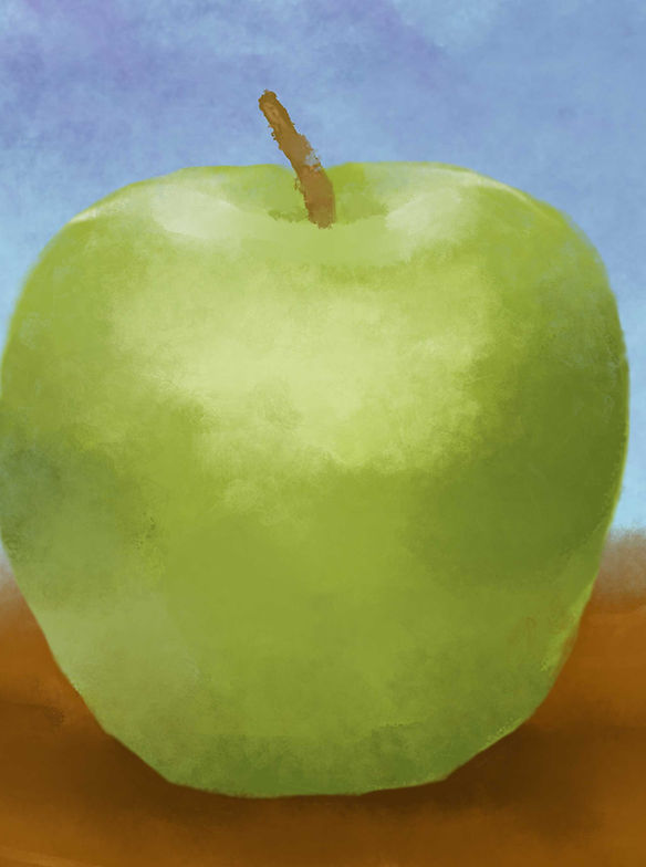 Student-created digital illustration of an apple painted in Adobe Photoshop using a Wacom tablet, custom brushes, layers, and digital painting techniques.