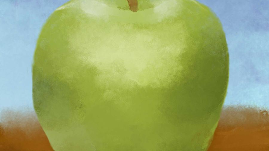Student-created digital illustration of an apple painted in Adobe Photoshop using a Wacom tablet, custom brushes, layers, and digital painting techniques.