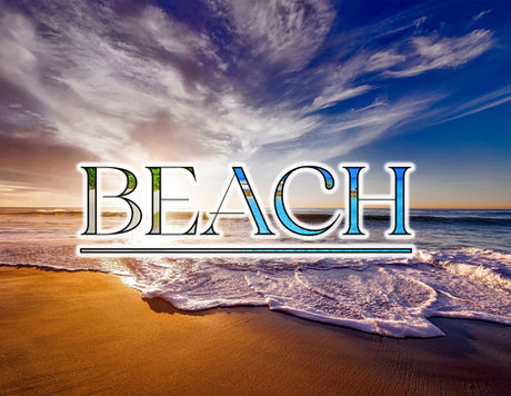 Student-created clipping mask design featuring the word "Beach" filled with oceanic photography.