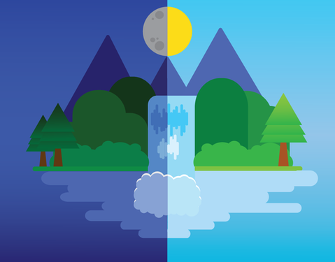Student-designed vector landscape split between night and day, featuring blue mountains, green trees, a waterfall, stream, sun, reflective water in a cool blue color palette created with layered shapes in Adobe Illustrator.