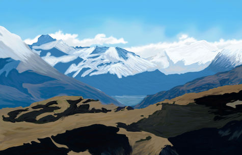 Student-created digital landscape painting of snow-covered blue mountains with softly blended icy peaks, dark rocky hills, and open sky completed in Adobe Photoshop using a Wacom tablet, custom brushes, layers, and painting techniques.
