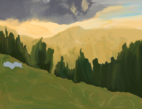 Student-created digital landscape painting of golden mountains, evergreen trees, and an open grey sky completed in Adobe Photoshop using a Wacom tablet, custom brushes, layers, and painting techniques.