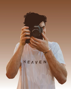 Student-designed low-poly self-portrait of a young photographer holding a camera in front of his face. Warm neutral tones and the direct pose express creativity, focus, and a personal connection to photography. Created in Adobe Illustrator.