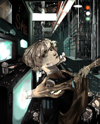 Student-created original artwork showcasing independent creativity, digital illustration techniques, and personal artistic expression in Adobe Photoshop, illustrating a dynamic, high-contrast urban alleyway scene with a character standing amidst stacked vintage television screens flashing neon light.