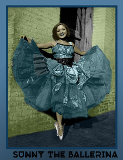 Student-restored vintage ballerina portrait featuring repaired damage, realistic colorization, and professional Photoshop photo restoration techniques with warm teal border.