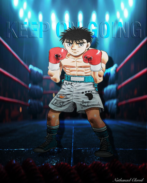 Student-designed motivational poster featuring composited imagery of an anime boxer character named Ippo Makunouchi in a boxing ring under bright arena lights. Translucent, stylized typography at the top reads, “KEEP ON GOING”. Imagery created in Adobe Express with typography added in Photoshop.