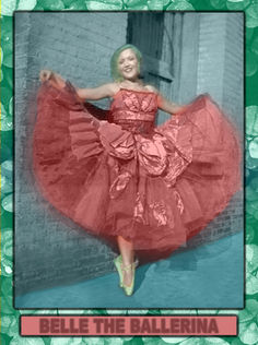 Student-restored vintage ballerina portrait featuring repaired damage, realistic colorization, and professional Photoshop photo restoration techniques with green and red border.