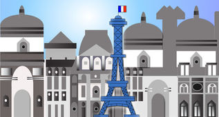 Student-designed vector illustration of a Parisian cityscape designed mostly in shades of gray and white, featuring historic European domes and buildings centered around a detailed blue Eiffel Tower flying a small French flag, created in Adobe Illustrator.