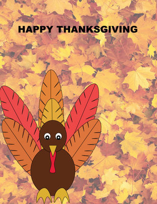 Student-designed Thanksgiving vector illustration featuring a turkey against a background of colorful fall leaves, created in Adobe Illustrator.
