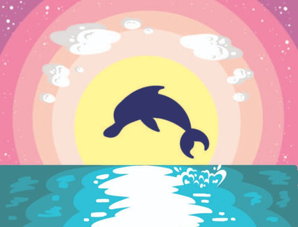 Student-designed ocean landscape featuring a dolphin silhouetted against a glowing pastel sunset with clouds and sparkling water, created in Adobe Illustrator.