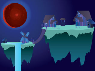 Student-designed vector illustration of a surreal fantasy landscape featuring two grassy islands floating in the night sky connected by a wooden bridge, complete with a waterfall, a windmill, and small houses under a massive, glowing red blood moon, created in Adobe Illustrator.