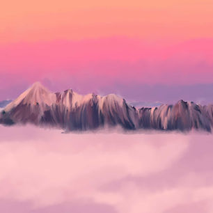 Student-created digital landscape painting completed in Adobe Photoshop using a Wacom tablet, custom brushes, layers, and digital painting techniques.