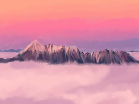 Student-created digital landscape painting completed in Adobe Photoshop using a Wacom tablet, custom brushes, layers, and digital painting techniques.
