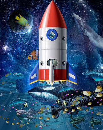 Student-created surreal digital composition inspired by Salvador Dalí and using Photoshop compositing techniques featuring rocket ship under water.